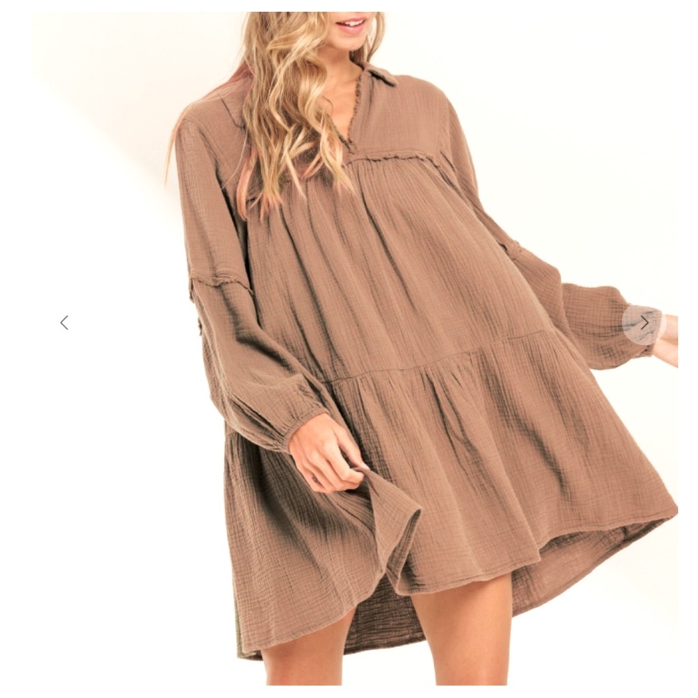 12 Boho Long Sleeves Collared Baby Doll Tiered Gauze
Dress